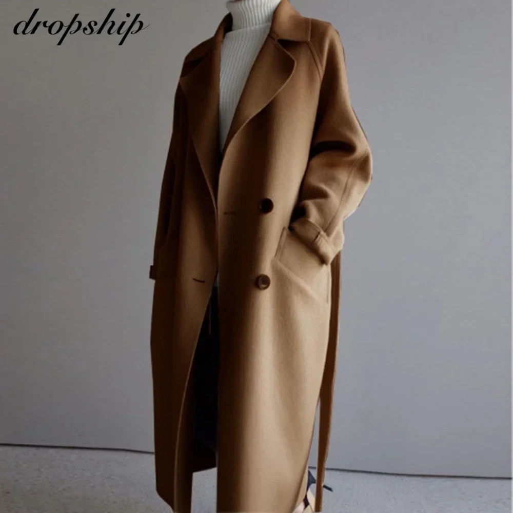 Winter Beige Elegant Wool Blend Women Korean Fashion Black Long Coats Vintage Minimalist Woolen Overcoat Camel Oversize Outwear