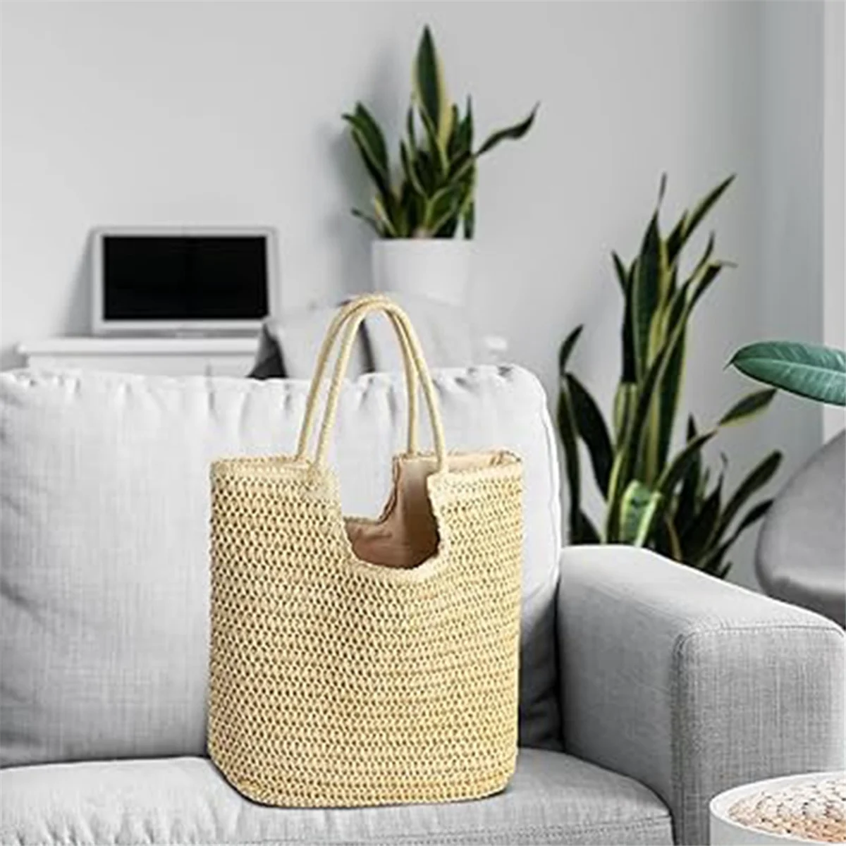 Straw Beach Bags for Women,Summer Woven Tote Bag Shoulder Handbags, Large Beach Bag for Women for Holiday Creamy-White