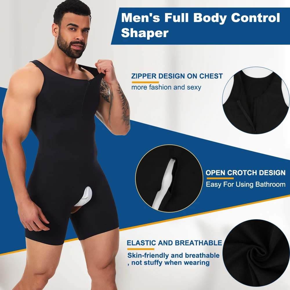 Zipper Sleeveless Bodysuit Men Full Body Shaper Compression Undershirt Shapewear Tummy Control Faja Para Hombres Slimming Vest
