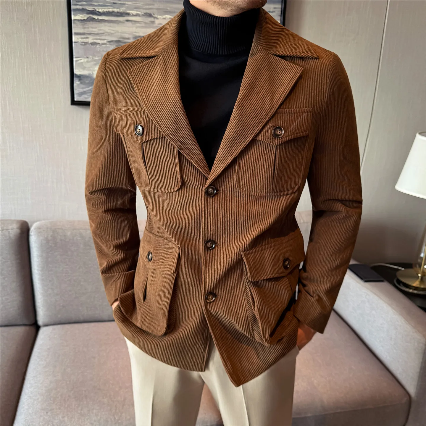 Men's Premium Corduroy Safari Jacket, Multi Pocket Notched Lapel Single Breasted Casual Blazer Autumn Outerwear Coat