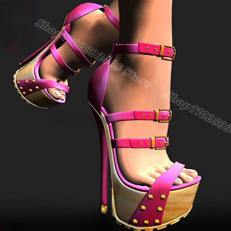 

Rose Red Platform Rivet Decor Sandals Open Toe British Style Summer Fashion Ankle Buckle Party Casual Shoes Zapatos Para Mujere