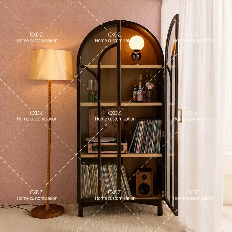 French retro solid wood bookcase villa antique living room glass door display cabinet storage American light luxury wine