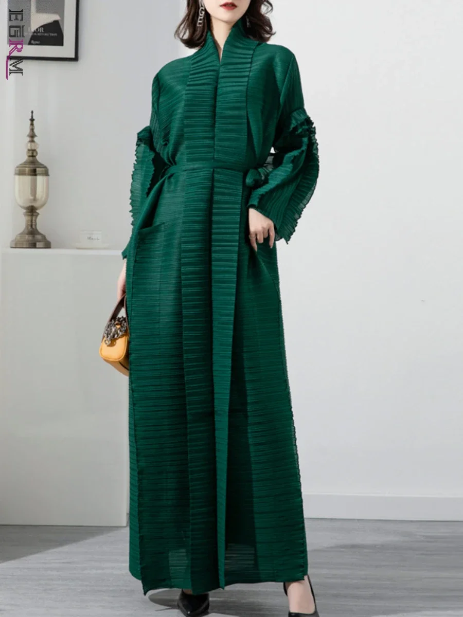 

EGRM Miyake Spliced Maxi Pleated Dresses For Women 2024 New Full Sleeves With Belt Party Dress Patchwork Female Clothing 8RM3517