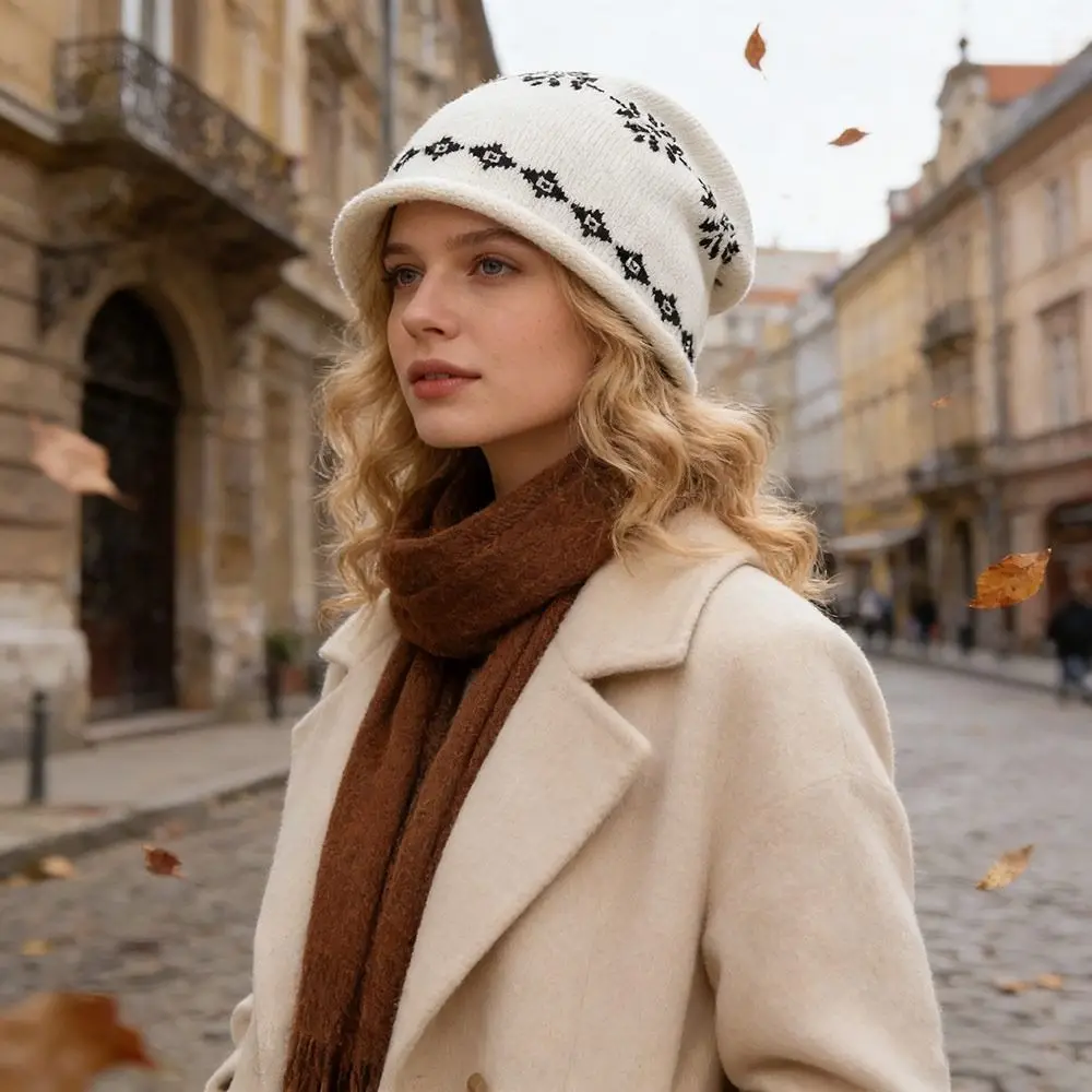 Fashion Seasonal Warmth Knitted Hat Fair Isle Curled Edge Beanies Hat Jacquard Weave Warm Korean Beanie Cap Autumn Winter Season