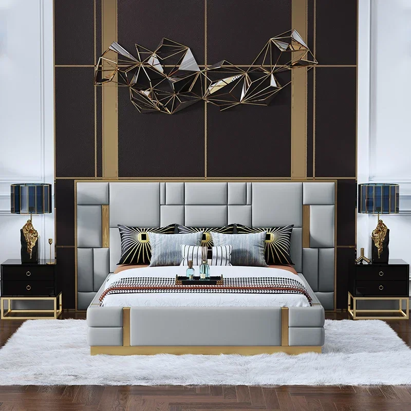 

2026 Luxury Italian Design Leather Grey Headboard King Size Queen Size Double Bed Frame Beds With Storage Bedroom Set Furniture