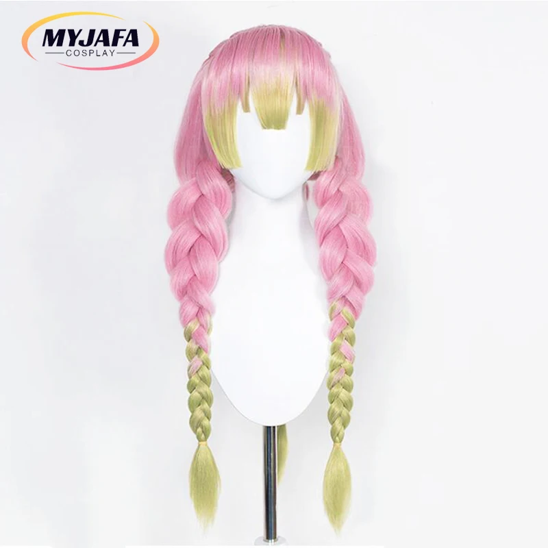 Mitsuri Kanroji Peruca Cosplay, Longo, Rosa, Verde, Trançado, Cabelo Resistente ao Calor, Perucas Autênticas Anime, Boné de Peruca, Alta Qualidade