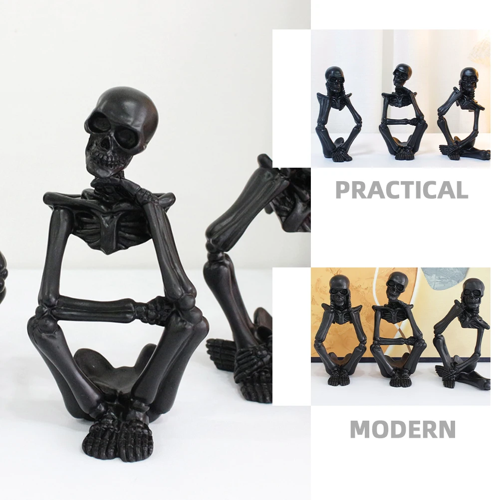 

3 Pcs Skull Decoration Thinker Set Ornament Office Halloween Decorations Figurines Resin Statue