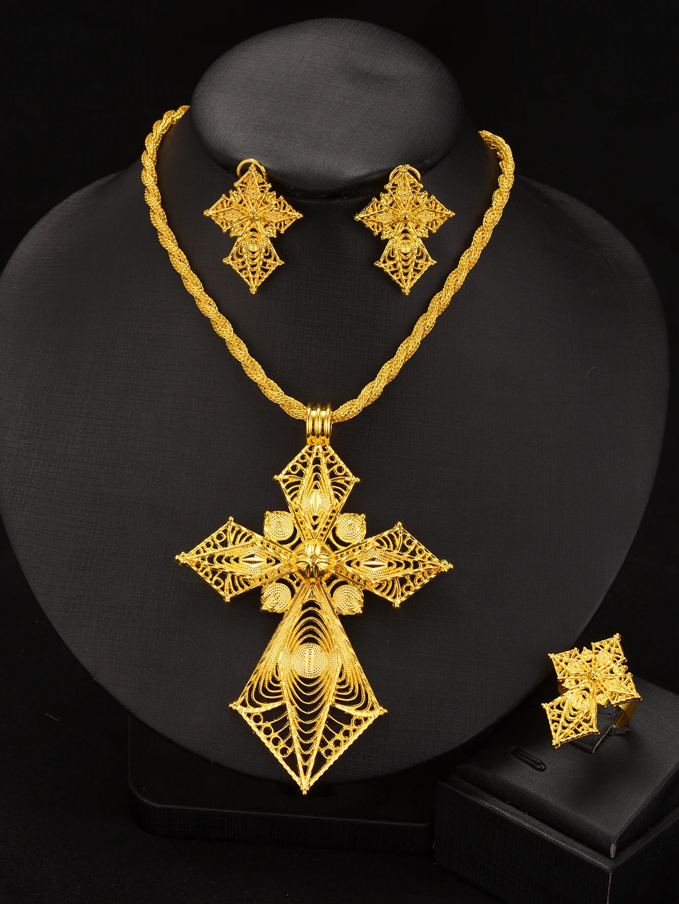 NEW Golden Color Ethiopian Jewelry Set Hollow-out Cross Style 3-Piece Set African Eritrean Festival Wedding Engagement Gifts