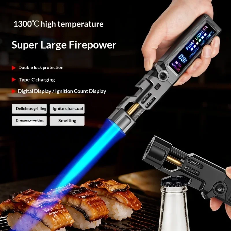 Bottle Opener High Power Spray Gun Windproof Welding Gun Gas Lighter Digital Battery Display Safety Double Lock Switch Igniter