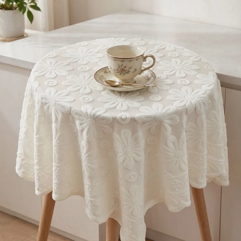 Floral Tablecloth Cream White Raised Flower Design Premium Polyester Table Cover for Kitchen Afternoon Tea Table Setting