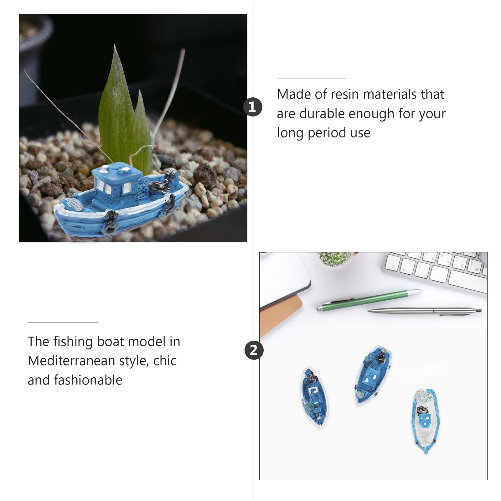 6 قطعة قارب صيد البحر الأبيض المتوسط الصغير نماذج الراتنج المصغرة حية اللون خفيفة الوزن قارب ديكور للمنزل الصغير
