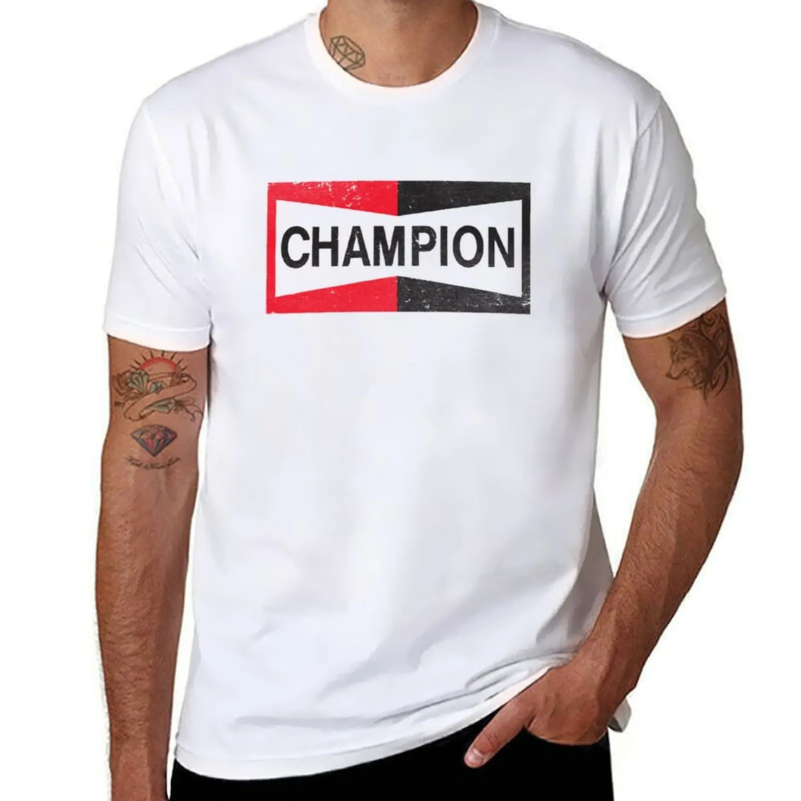 Champion , Spark Plug Retro Distressed Emblem T-Shirt graphic t shirts for man T-Shirt