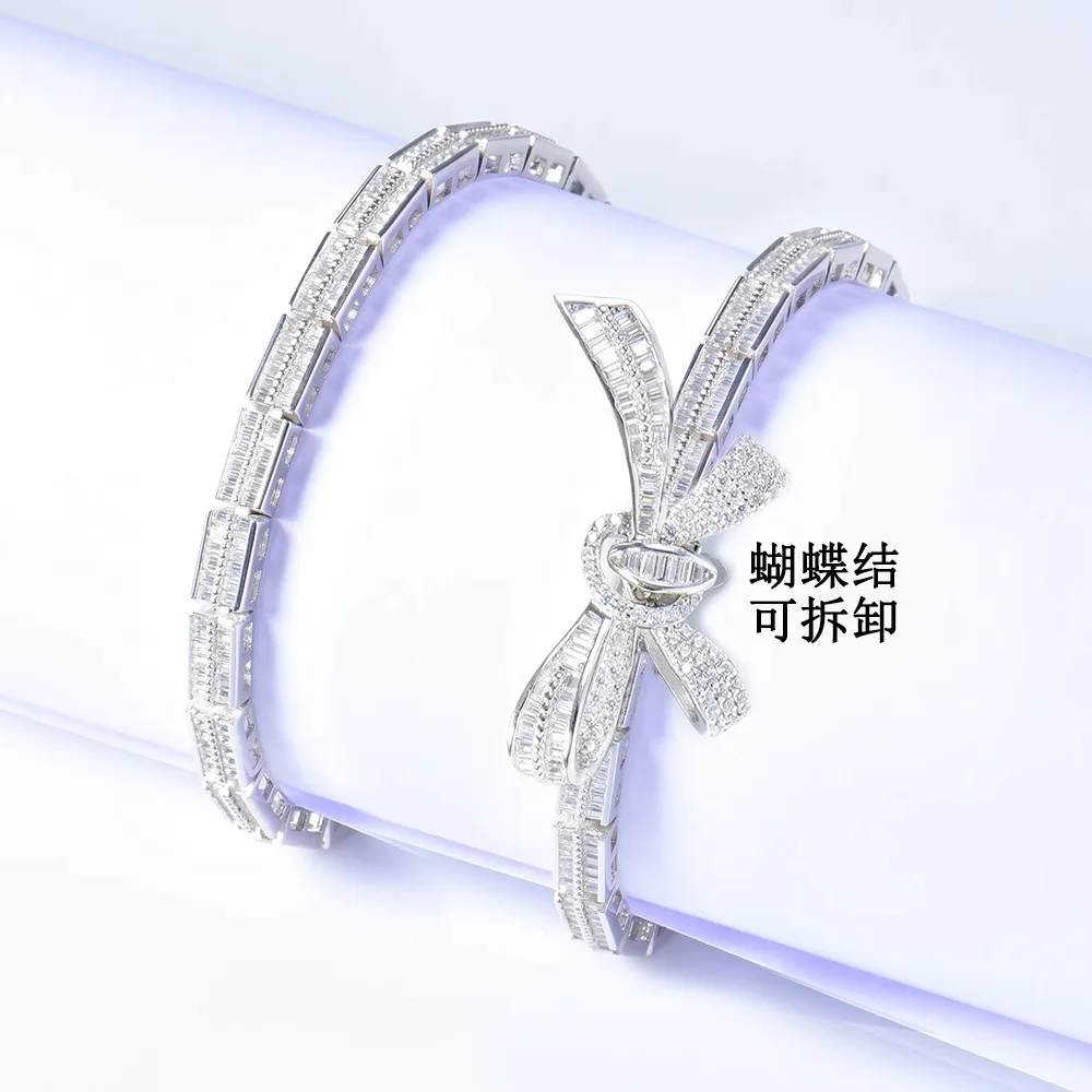 Sterling silver plated platinum full diamond ladder square bracelet women's 2024 new bow bracelet light luxury niche delicate