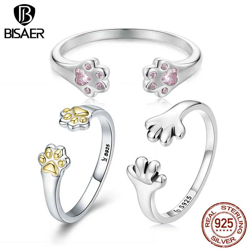 BISAER-Bague ouverte patte de chat en argent regardé 925 pour femme, bande réglable, plaqué or blanc, déclaration d'animal de compagnie, rose, bijoux fins de fête