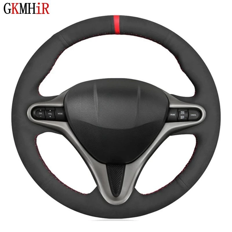 DIY Hand-stitched Black Genuine Leather Suede Car Steering Wheel Cover For Honda Civic Civic 8 2006-20011 (3-Spoke)