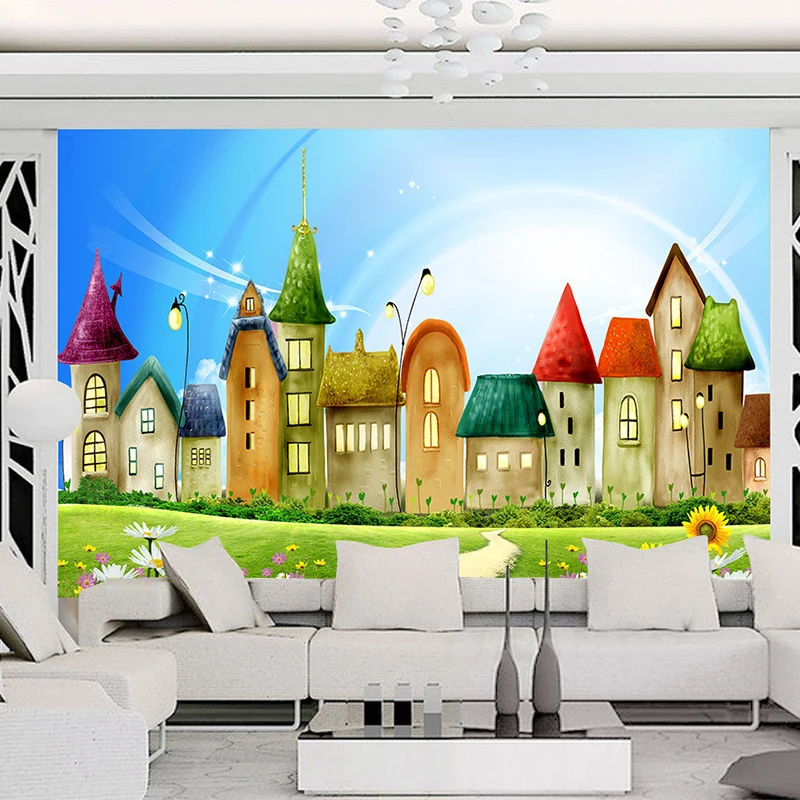 Customized products Mural Wallpaper Embossed Cartoon Colorful House Photo Wall Mural Kids Bedroom Living Room Backdrop 3D Wall