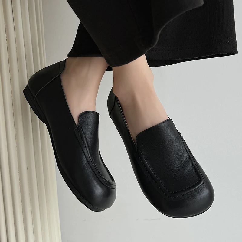 

New Spring Summer Women Shoes Fashion Cow Leather Loafers Slip-On Fall Casual Ladies Flats Square Toes Luxury Short Heels Black