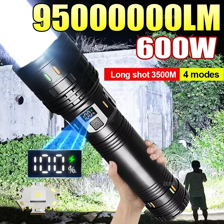 95000000LM Bright LED Flashlight Zoomable Torch Rechargeable Waterproof 600W Display Charging Camping Hiking Emergency Lantern