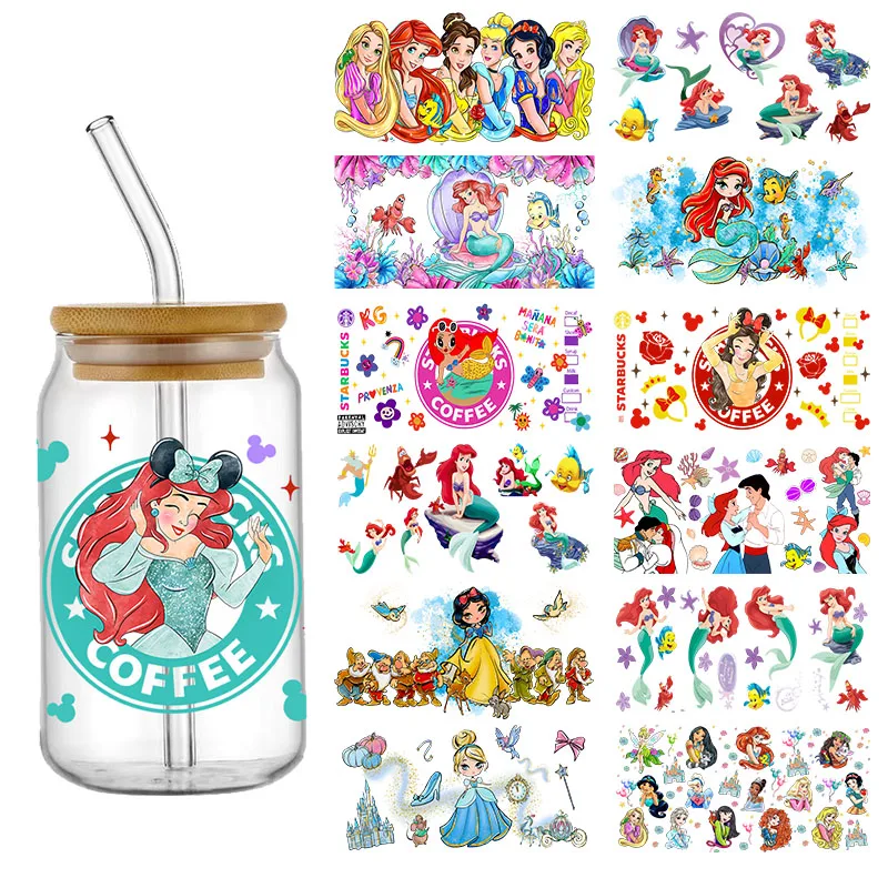 Disney Princess 16oz UV DTF Cup Wrap Cartoon Libbey Glass Beer Can Tumbler Transfer Stickers Waterproof Permanent Adhesive