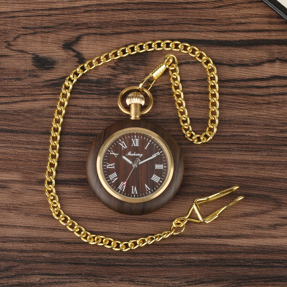 Retro Stylish Ebony Wood Quartz Pocket Watch Roman Numerals Dial Gold Pocket Chain Pendant Pocket Clock Open Face Timepiece Gift
