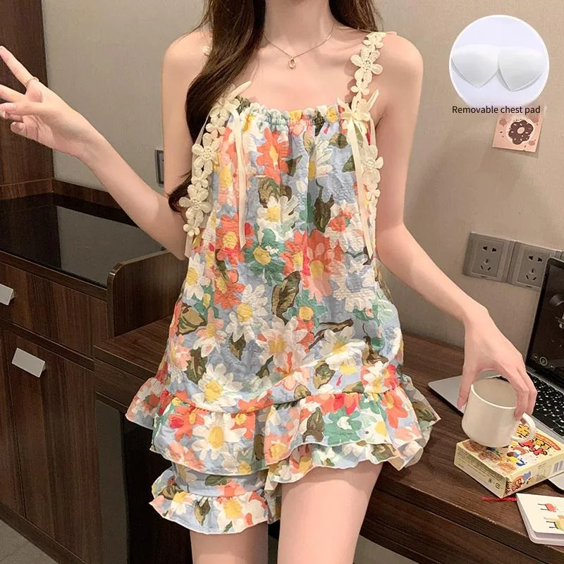 Pajamas Set Kawaii Women Spaghetti Strap Sleepwear Y2K Flower Pattern Print Nightwear Two Piece With Chest Pad Summer Cool Sweet