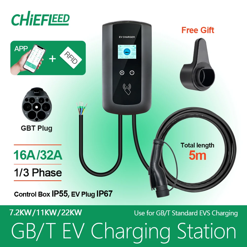 Chiefleed GBT Wallbox Station 16A 11KW 32A 7.2/22KW With RFID APP WIFI Bluetooth Remote Timer Charge 200V~450V Fit GBT Brand Car