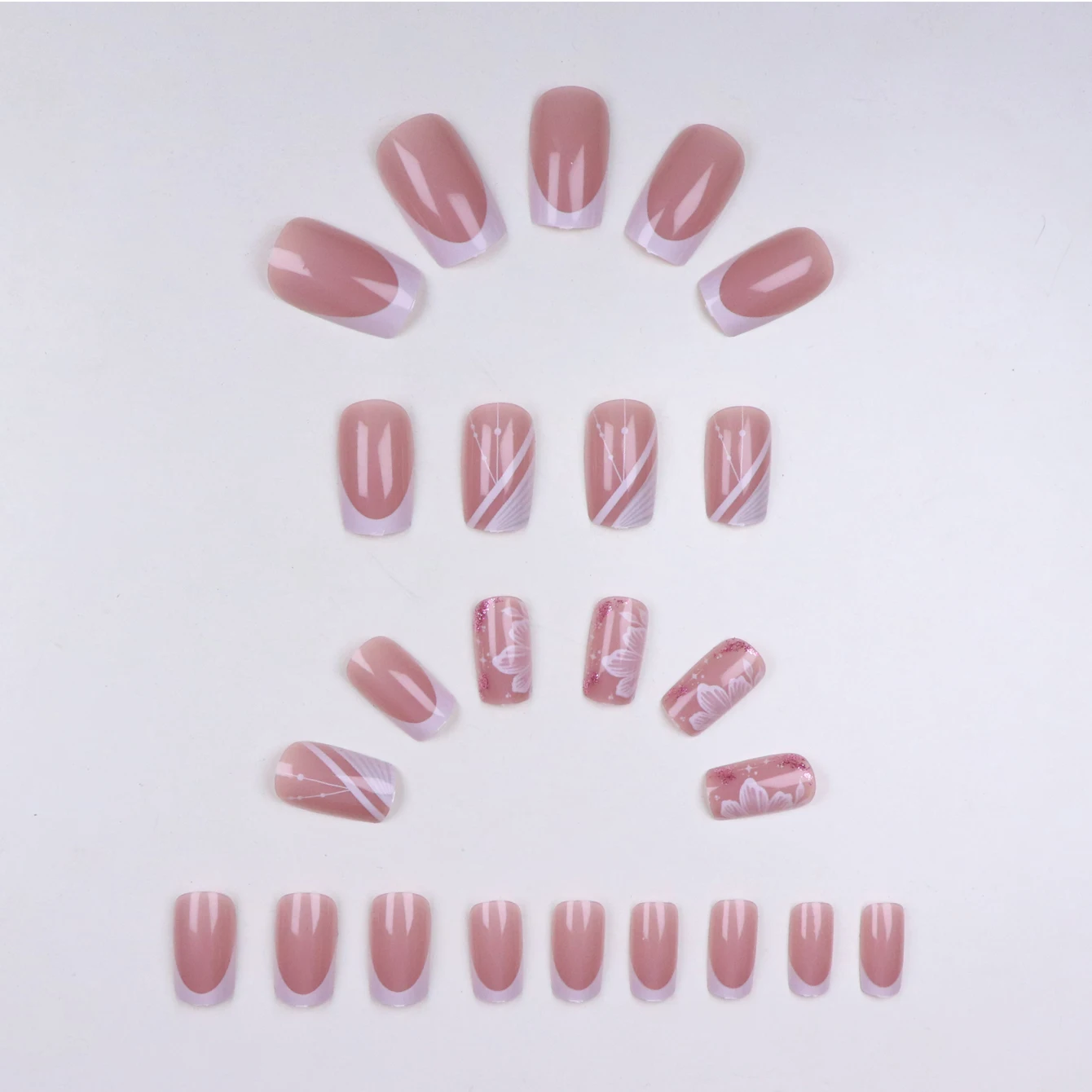 24 pezzi Migliora il tuo look con il set di unghie finte quadrate bianche con fiori francesi 1 lima per unghie e 1 kit di adesivi per colla per unghie