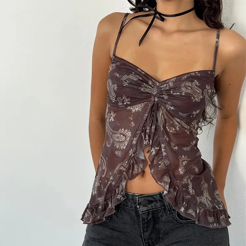 2025 Spring and Summer New Fashion Hot Girls Sling Printed Lotus Leaf Blade Top Women's Niche Design Vest