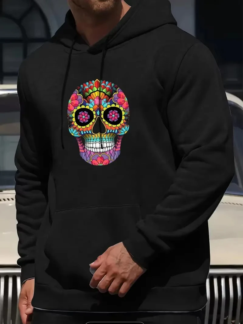Colorful Skull Print Hooded Sweatshirt Halloween Themed Pure Cotton Eco Comfortable Mens Womens Autumn Winter Fashion harajuku