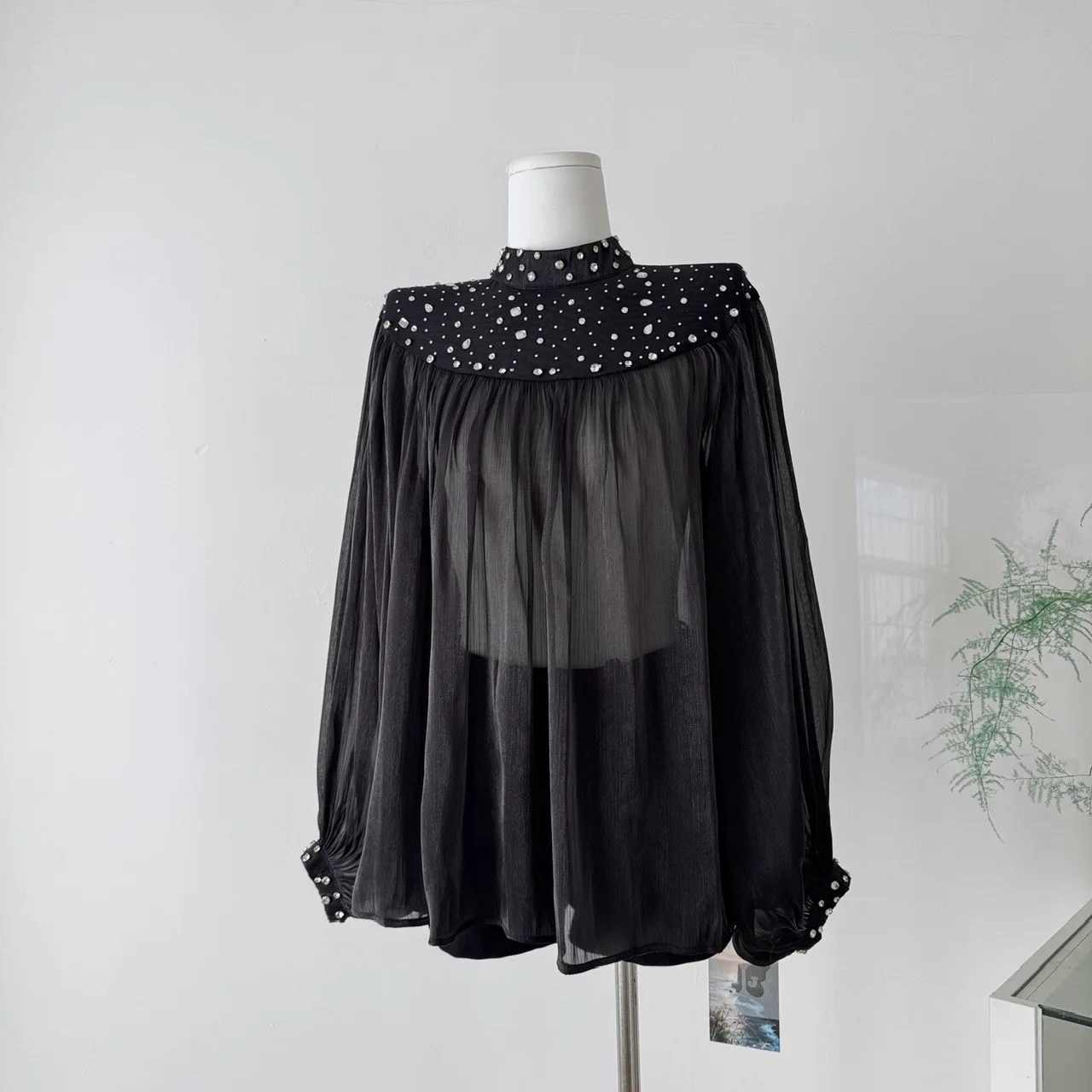 

Женская весенне-осенняя шикарная блузка с высоким воротником и ромбовидными рукавами-фонариками, женская блузка с длинным рукавом, микропрозрачная сексуальная рубашка, топ