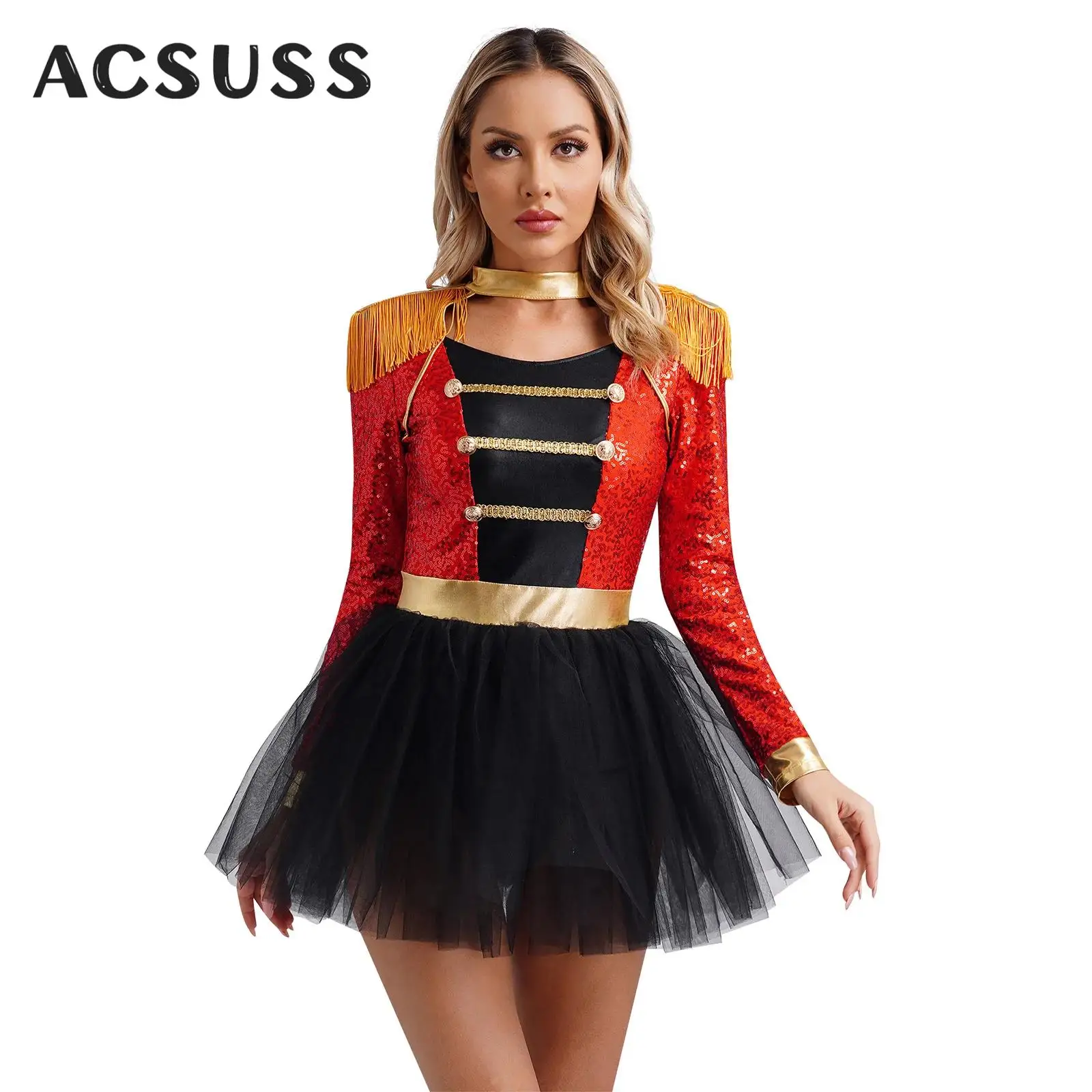 

Women Circus Ringmaster Costume Lion Tamer Showman Tassel Tutu Dress Carnival Theme Party Halloween Cosplay Fancy Dress Up