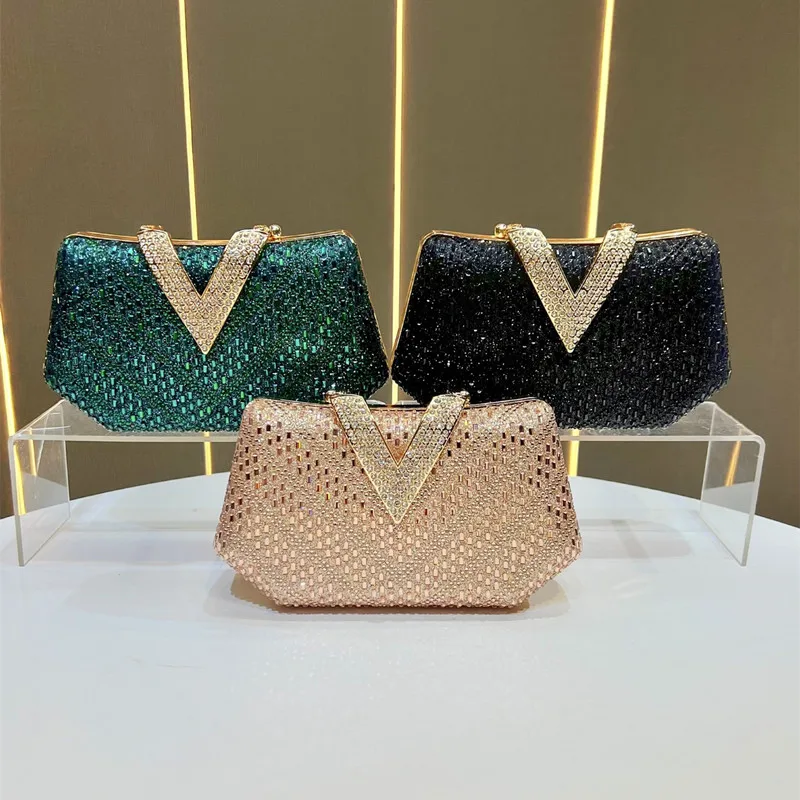 2025 Brand Desig Women V-shaped Lock Inlaid Full Diamonds Evening Clutch Bag Luxury High End Party Handbag Wedding Crossbody Bag