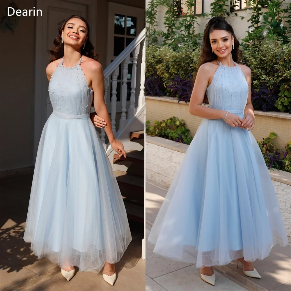 

Customized Evening Gown Dearin Halter A-line Ankle Length Skirts Draped Layered Sleeveless Bespoke Occasion Dresses Prom Formal