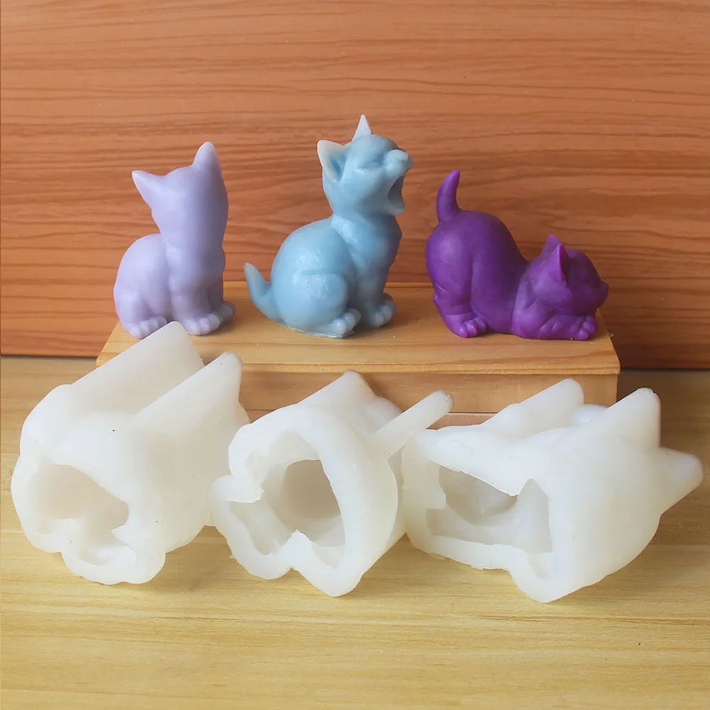 Lovely Yawning Kitten Resin Gypsum Ornaments DIY Handmade Aromatherapy Candle Silicone Mold DIY Cat Clay Mould Household Items