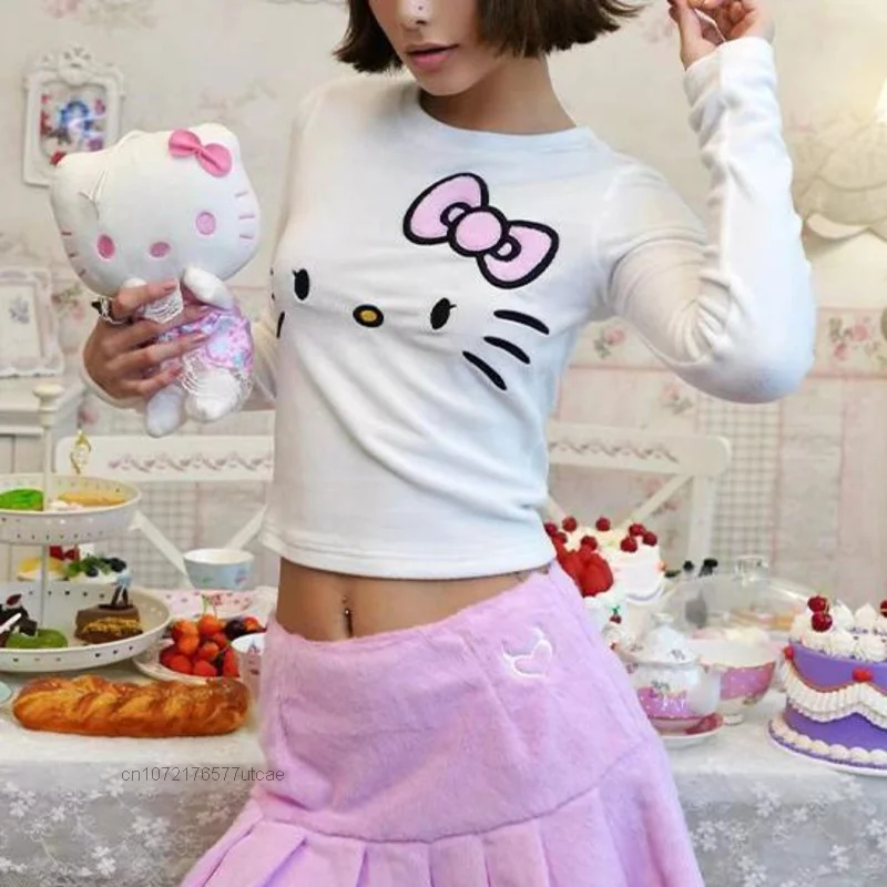 Sanrio Hello Kitty Embroidery Bow Cute Tops Women\'s Long Sleeve Autumn And Winter New Shirt Slim Fit Bottom Clothes