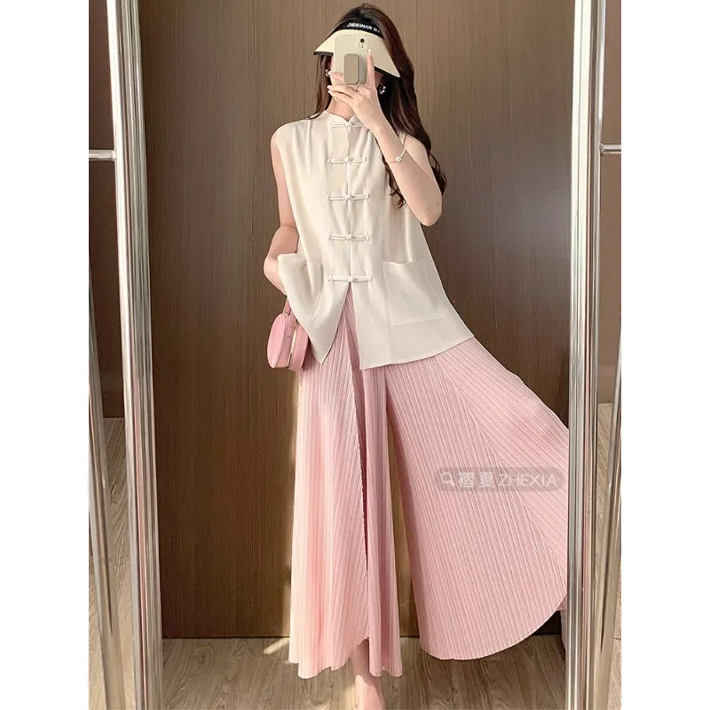 

Solid Color Pleated Wide Leg Pants for Women's 2024 Summer New Loose High Waisted Slimming Air Pants