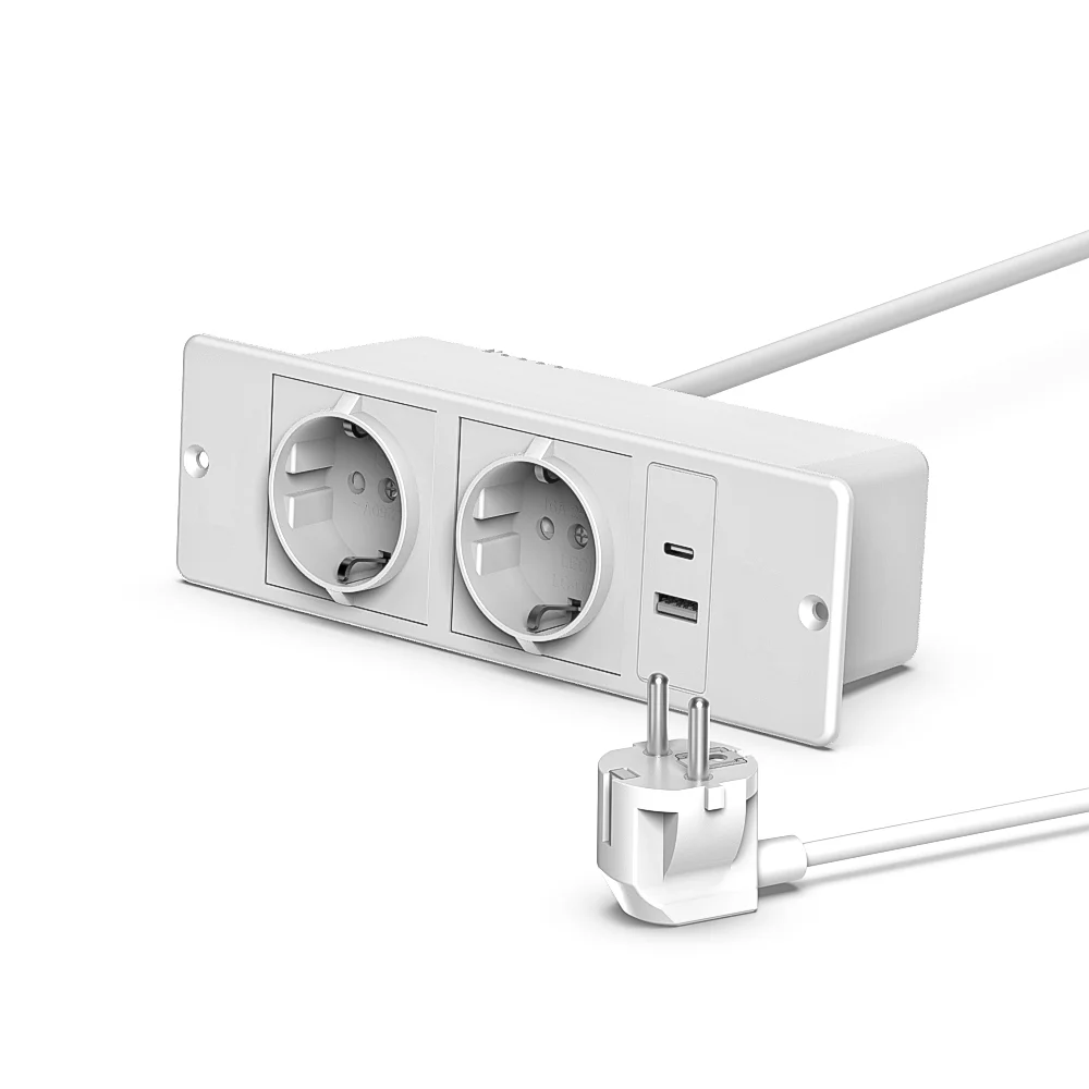 EU White Recessed Power Strip Multi Outlet Extension Cord wi