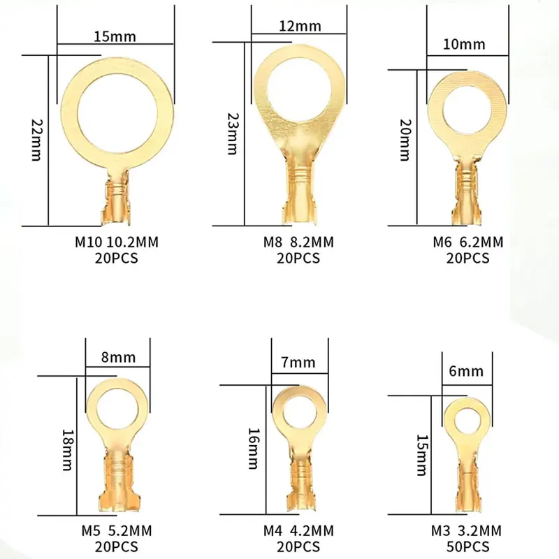 Copper Ring Terminals M3/M4/M5/M6/M8/M10 Brass Wire Connectors Open Barrel Wire Ring Cable Lugs Crimp Kit Electrical Terminals