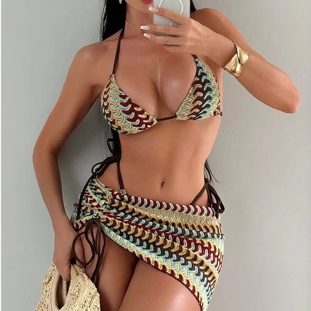 2026 New Stripe Braided Style Bikini Set Women Trendy Sexy Leace-up Bikini Mini Skirt Three Piece Sets Fashion Hot Girl Swimsuit