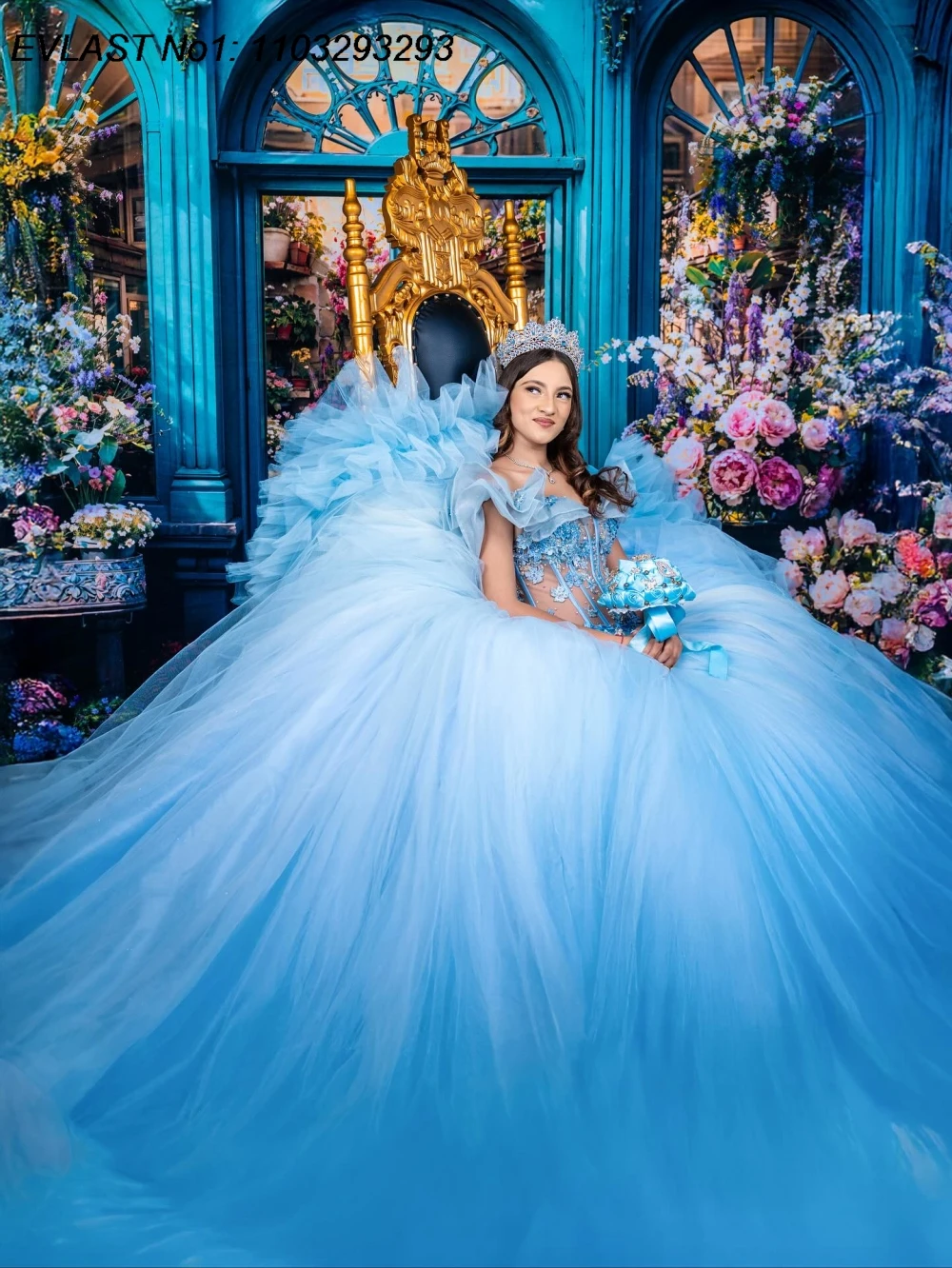 فستان Quinceanera لامع باللون الأزرق السماوي مخصص من EVLAST فستان حفلة مزين بالدانتيل مطرز بالخرز متدرج حلو 16 فيستدوس دي 15 أنوس E1QN511