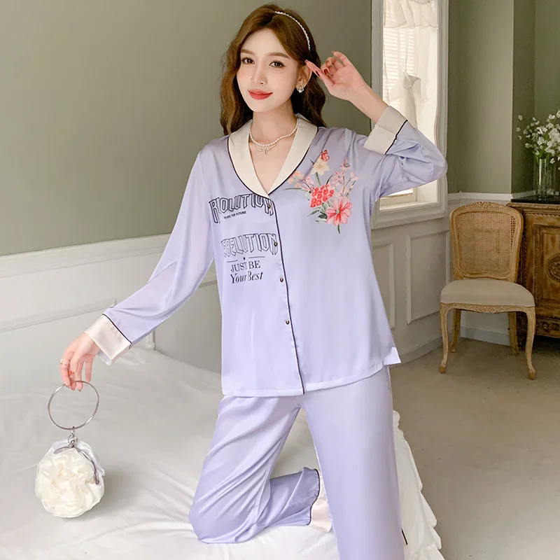 

Women Purple Floral Print Sleepwear Satin Long Sleeve Pyjamas Set Spring Loungewear Casual Home Clothes Nightwear