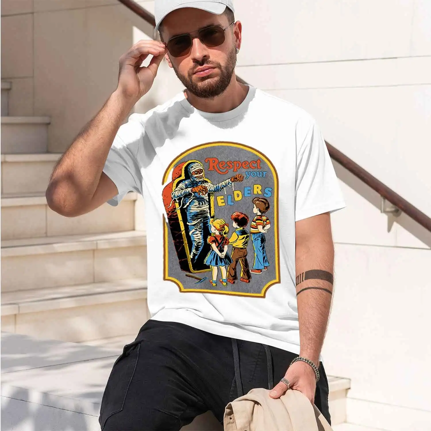 Respect r Elders Mummy Funny Washed Retro Men T Shirt Casual Tshirts Harajuku Tshirt Loose Breathable Tee 2026 New Model Men’s S