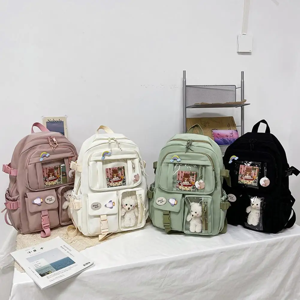 

Student Backpack with Multiple Compartments Ergonomic Student Backpack with Plush Bear Doll for Teen School for Book for Girls