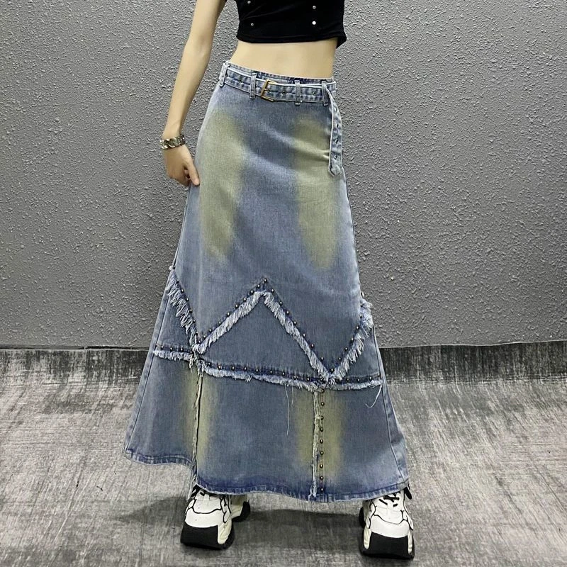 Fashion Personality Patchwork Stud Denim Skirt 2024 New Women\'s Washed Vintage High Waisted Streetwear Oversized A-line Skirt