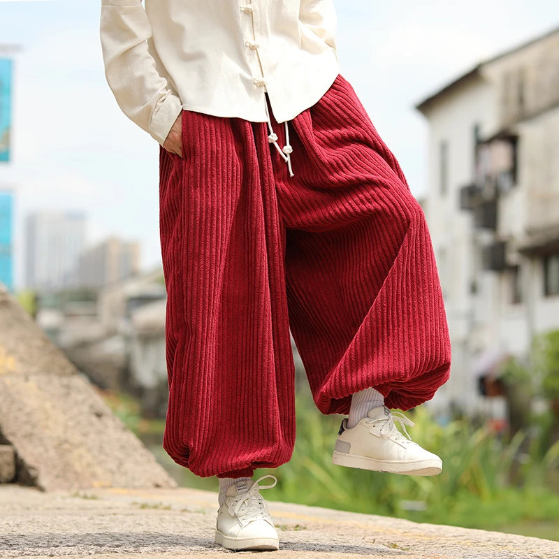 Autumn Winter Corduroy Pants Men Loose Casual Trousers Streetwear Harem Pants Solid Elastic Waist Couple Hip Hop Pants