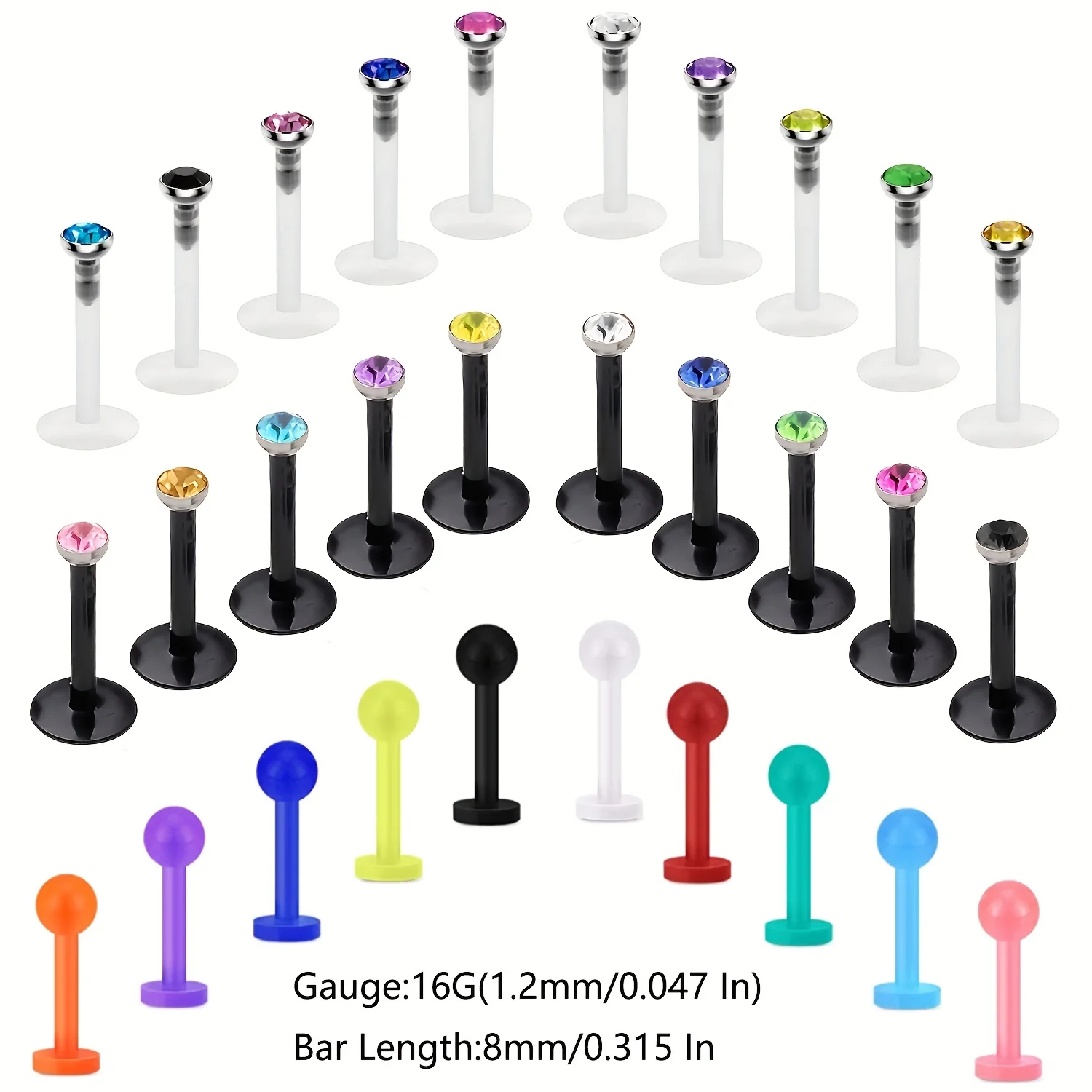 10/20/30pcs Acrylic Plastic Lip Rings Set Inlaid Shiny Zirco