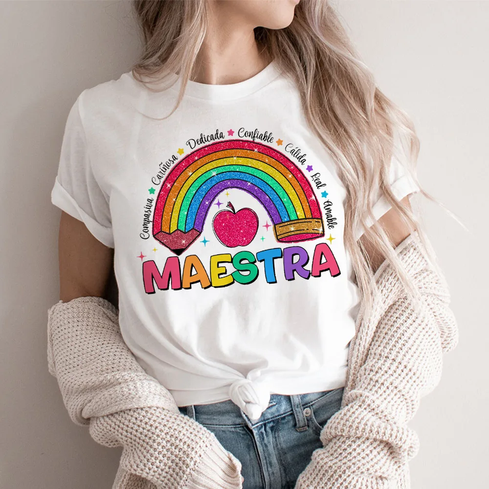 Spanish Teacher Rainbow Printed Shirt Teach Love Inspire T-shirt Teacher Lift Short Sleeve Tee Back To School Gift for Teachers