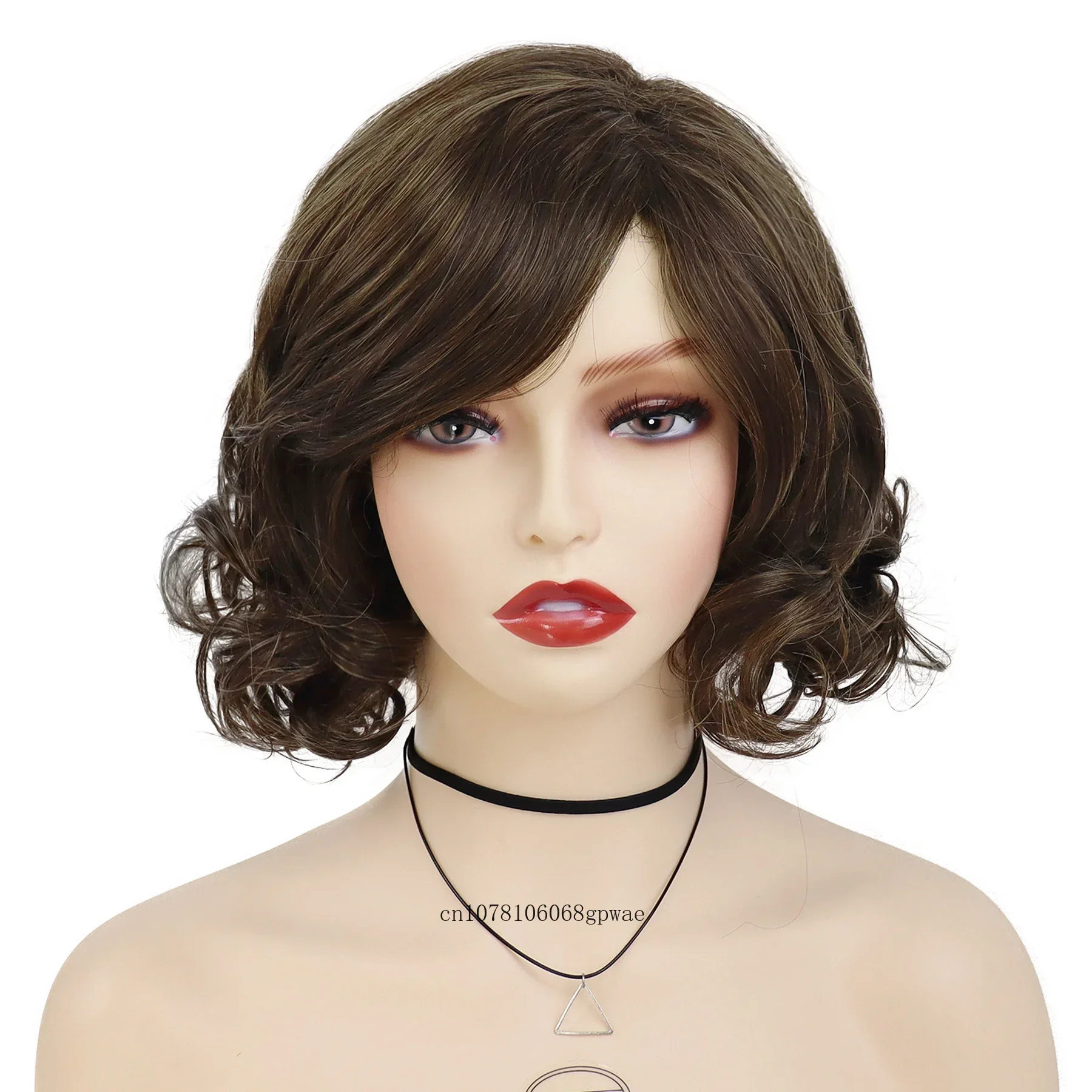 Elegant Mommy Fake Hair Synthetic Brown Short Bob Wigs for Women Curly Wig with Bangs Daily Cosplay Halloween Party Female Use