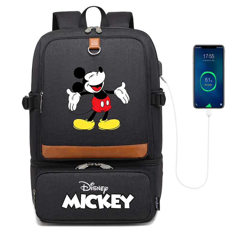 Disney-mochila de Mickey y Minnie Mouse con compartimento aislado para ordenador portátil, bolsa enfriadora impermeable USB, bolsa de almuerzo para