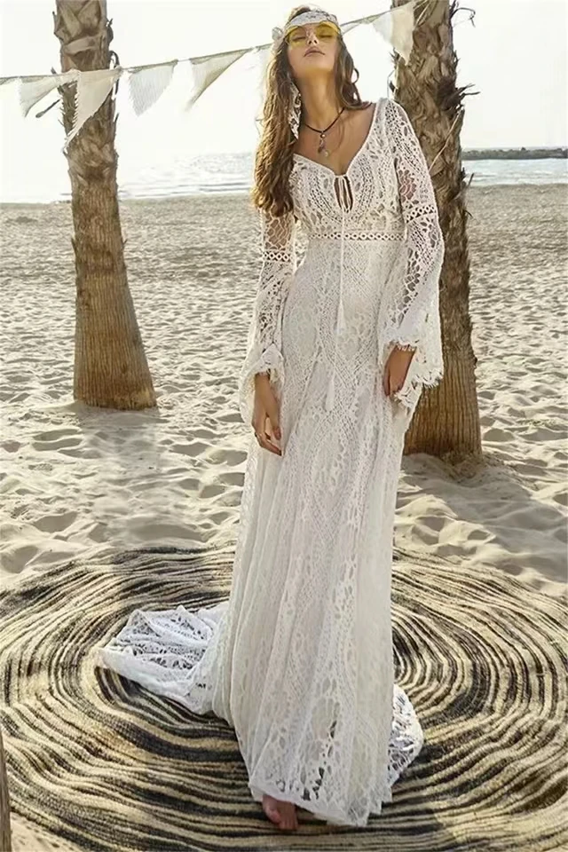 Robe de mariée de plage style Boho, Sexy, col en V, manches longues, dos nu, dentelle, campagne, personnalisée